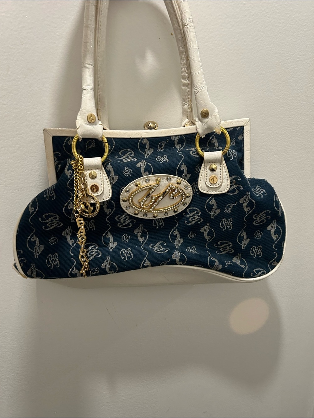 Baby Phat Denim and Cream Monogram Satchel
